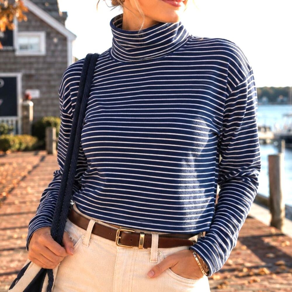 Navy White Striped Turtleneck Crop Sweater Roll Neck Preppy Vineyard Vines XL